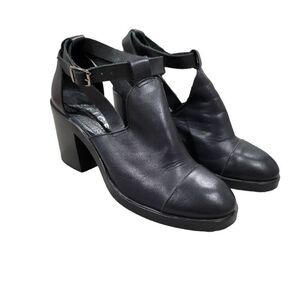 Office London Cutout Black Chunky Heel Booties Ankle Leather Sz 39